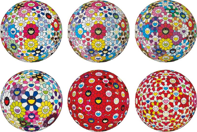 Takashi Murakami, ‘Hold Me Tight!; Space Show; Flowerball Multicolor; Awakening; Flowerball: Bright Red; and Flowerball: Koi/Red-crowned Crane Vermilion’, 2014-2017, Print, Six offset lithographs in colours, on smooth wove paper, the full sheets., Phillips