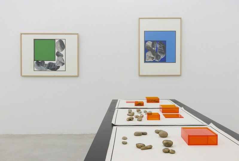 Francisco Tropa, ‘Panta Rhei’, 2015, Installation, Three works, six stones with bronze replicas, silk screen canvas, plexiglass box, Gregor Podnar