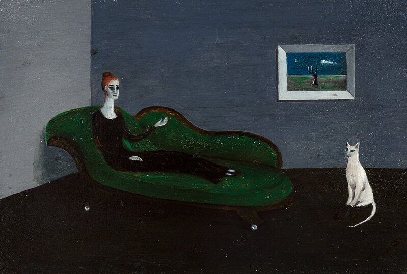 Gertrude Abercrombie, ‘Untitled (Countess Narone on Chaise with White Cat and Lonely Tree Painting)’, 1951, Painting, Oil on masonite, Freeman's | Hindman