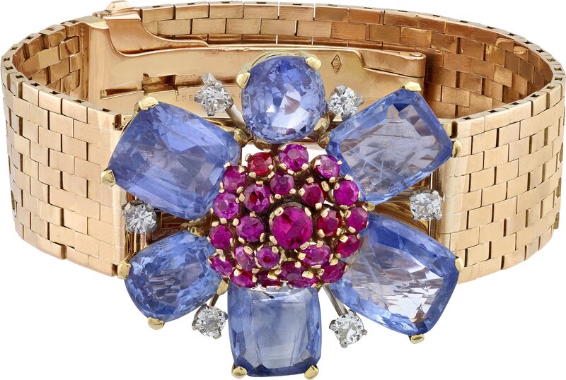 Van Cleef & Arpels, ‘Transformable bracelet with detachable clip, Heritage Collection’, 1945, Jewelry, Rose gold, yellow gold, platinum, sapphires, rubies, diamonds., Van Cleef & Arpels