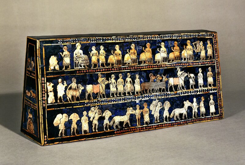 ‘The Standard of Ur’, ca. 2600-2400 B.C., Sculpture, Mosaic of shell, red limestone and lapis lazuli, wooden box, Erich Lessing Culture and Fine Arts Archive