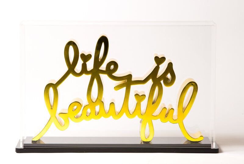 Mr. Brainwash, ‘Life is beautiful - Hard Candy Yellow’, 2020, Sculpture, Chromed die-cast resin - Plexiglass Box, Deodato Arte