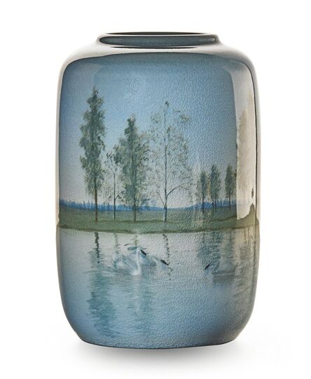 Carl Schmidt, ‘Rare scenic Iris Glaze vase with swans in lake, Cincinnati, OH’, 1912