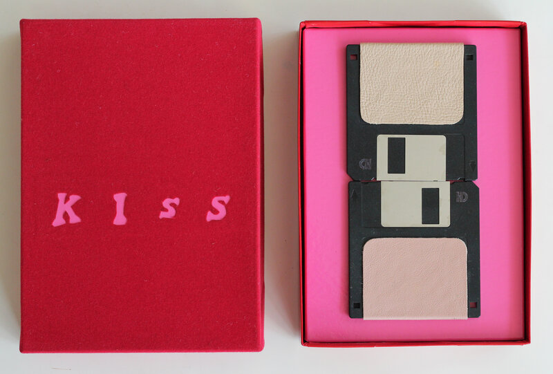 Suzanne Treister, ‘SOFTWARE/Q. Would you recognise a Virtual Paradise?/KISS (Fleshdiscs)’, 1993-1994, Mixed Media, Red velveteen, flesh leather and pink plastic on cardboard box and floppy disc, Annely Juda Fine Art