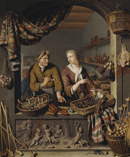 Willem van Mieris, ‘An Old Man and a Girl at a Vegetable and Fish Stall’, 1732