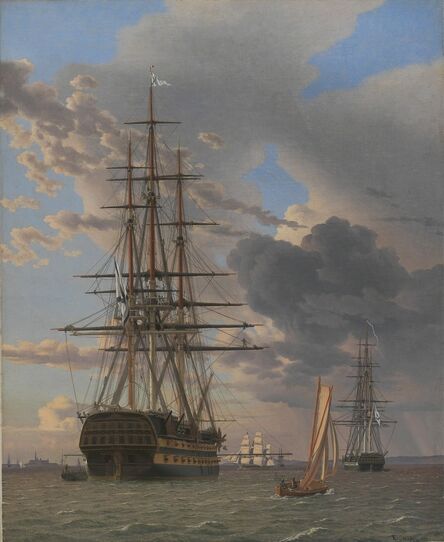 Christoffer Wilhelm Eckersberg, ‘The Russian Ship of the Line Asow and a Frigate at Anchor near Elsinore’, 1828