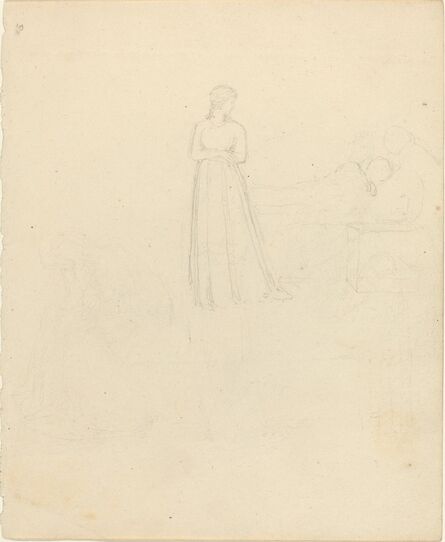 John Flaxman, ‘Standing Female Figure Looking at Reclining and Seated Figures’