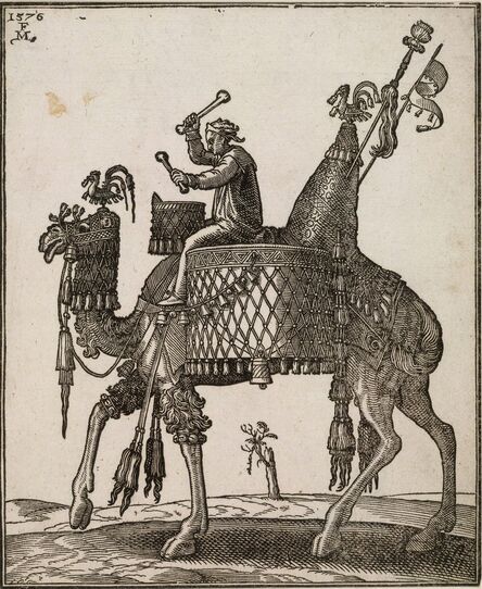 Melchior Lorch, ‘A kettledrum player riding a camel In profile to left; the camel with ornate saddle and bridle from which bells are dangling’, ca. 1576