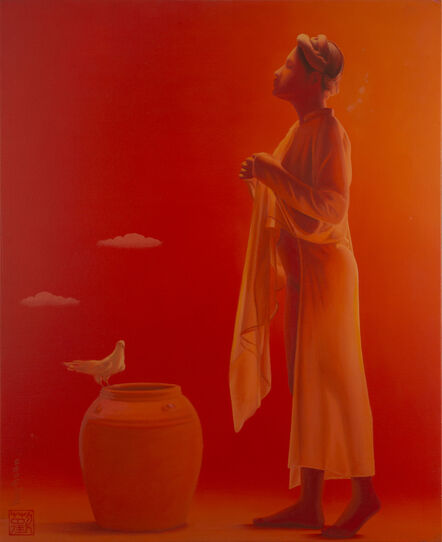 Tran Huy Hoan, ‘'Peaceful Dove' Red Monochromatic Painting, Female Figure’, 2012