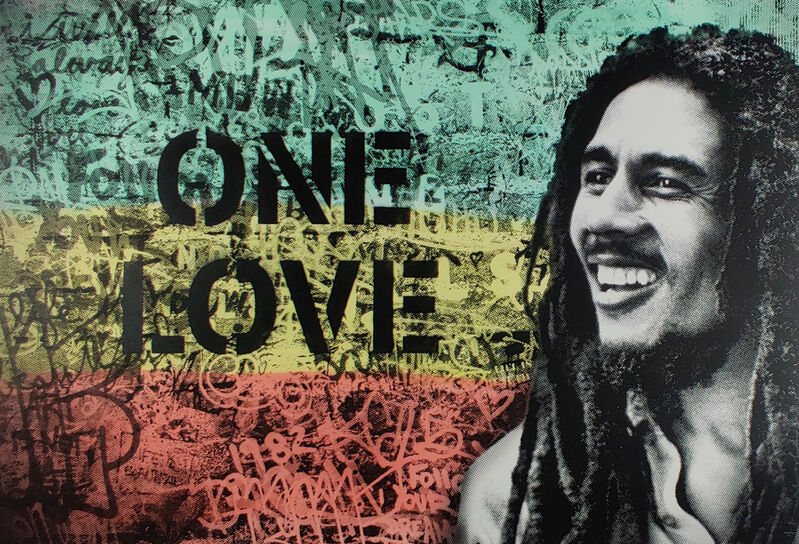 Mr. Brainwash, ‘Bob Marley, Happy Birthday, Large Format’, 2019, Mixed Media, A one color screen print hand finished with water color and a spray painted stencil, New Union Gallery