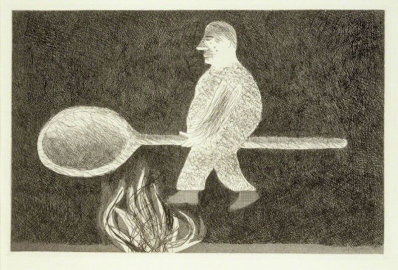 David Hockney, ‘Riding around on a Cooking Spoon from Illustrations for Six Fairy Tales from the Brothers Grimm’, 1969, Print, Etching with drypoint and aquatint on Hodgkinson handmade wove paper, Grob Gallery