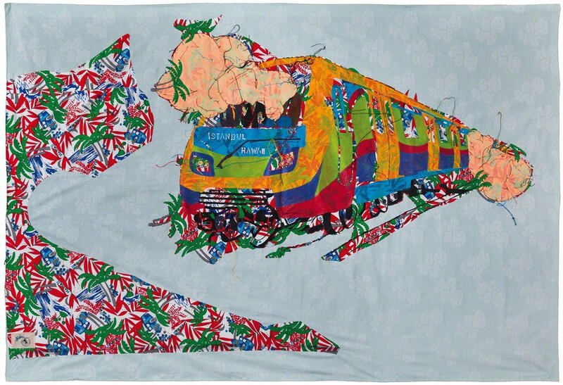 Gözde İlkin, ‘Hawaiian Istanbul metro is in service’, 2013, Mixed Media, Embroidery and Painting on found fabric, artSümer