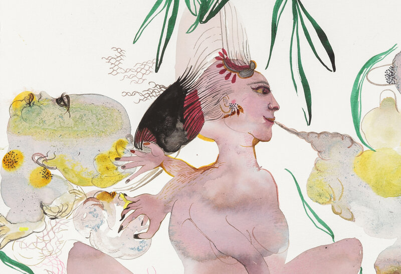 Rina Banerjee, ‘Gleaming gold of yellow porcelain with teeth and grit the flow of people removed one from one fell from sky and found new light, sore a spot beneath her wide part to steal her goddess her hear’, 2014, Drawing, Collage or other Work on Paper, Acrylic, ink, collage on watercolor paper, Ota Fine Arts