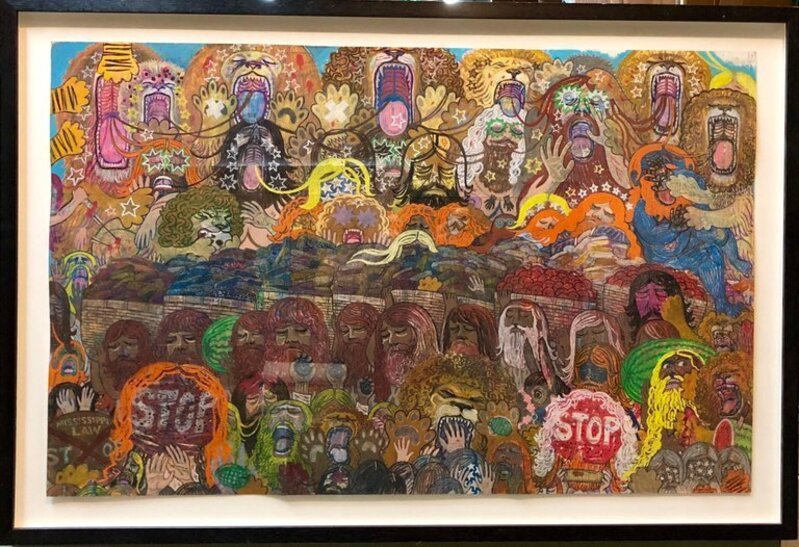 Alex O'Neal, ‘The Mean Hippies (Drawing with Rattlesnake Warrior and Red Rebels) Outsider Art’, 21st Century, Drawing, Collage or other Work on Paper, Oil Pastel, Archival Paper, Lions Gallery