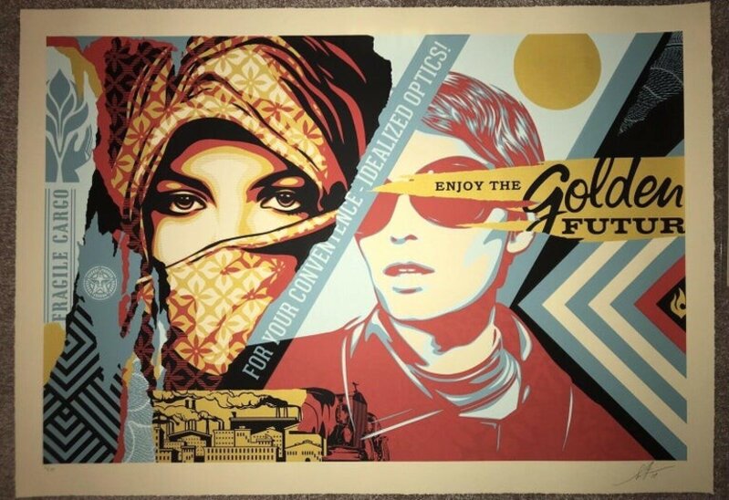 Shepard Fairey, ‘Shepard Fairey "Golden Future For Some" Large Format Edition Obey Giant Contemporary’, 2018, Print, The Paper, provided by Legion Paper, is custom 100% cotton Coventry Rag paper which uses salvaged material to create a more eco-friendly product, reusing what would typically be considered waste. The color and features of this fine art paper were created specifically for these large format prints., New Union Gallery