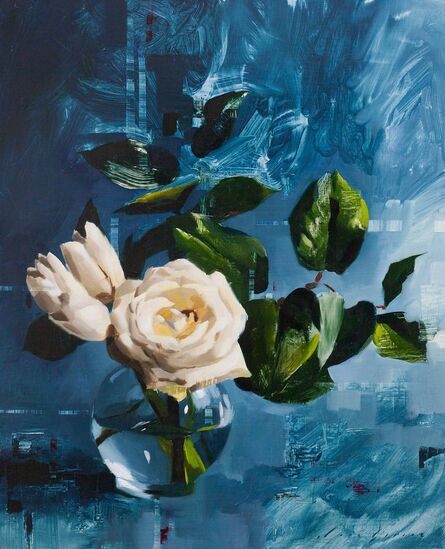 Jon Doran, ‘Tulips and Rose on Blue’, 2018