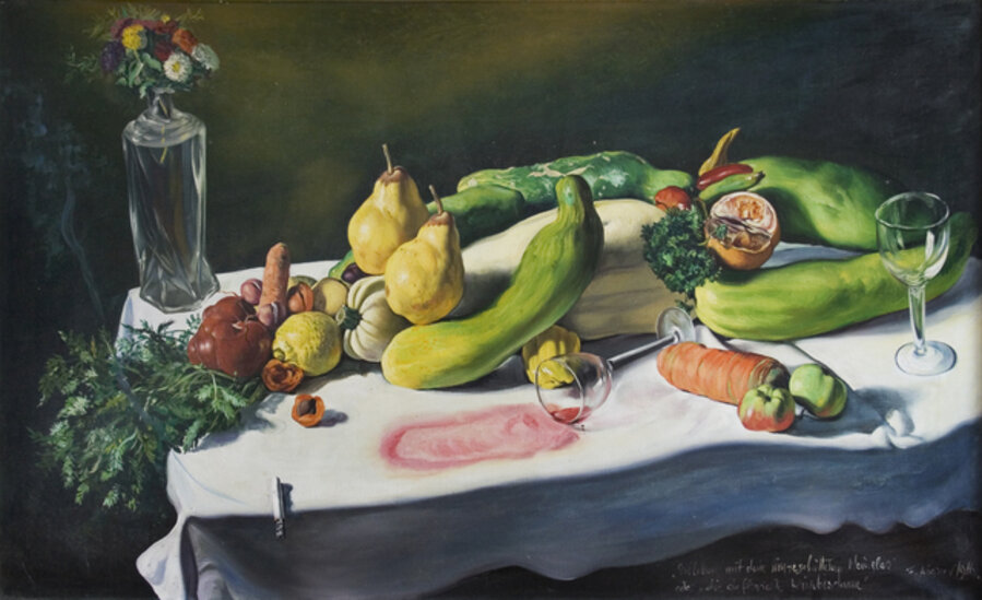 Still life with the poured wine glass or the deflowered pumpkin lady
