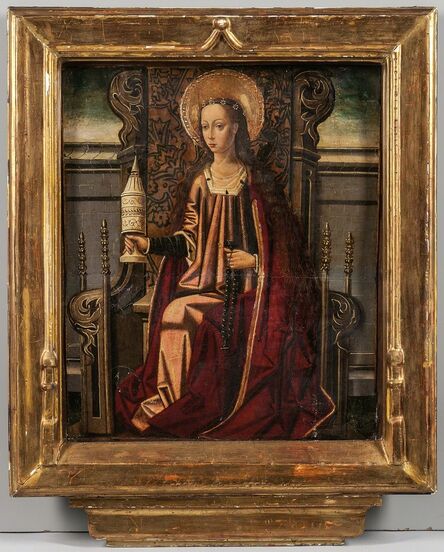 Spanish School-Aragonese, 15th Century, ‘Mary Magdalene Enthroned, Holding an Unguent Jar and Rosary’