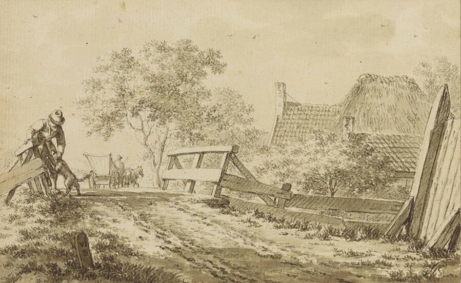 A man with a dog on a bridge, a horse and cart, and a cottage beyond
