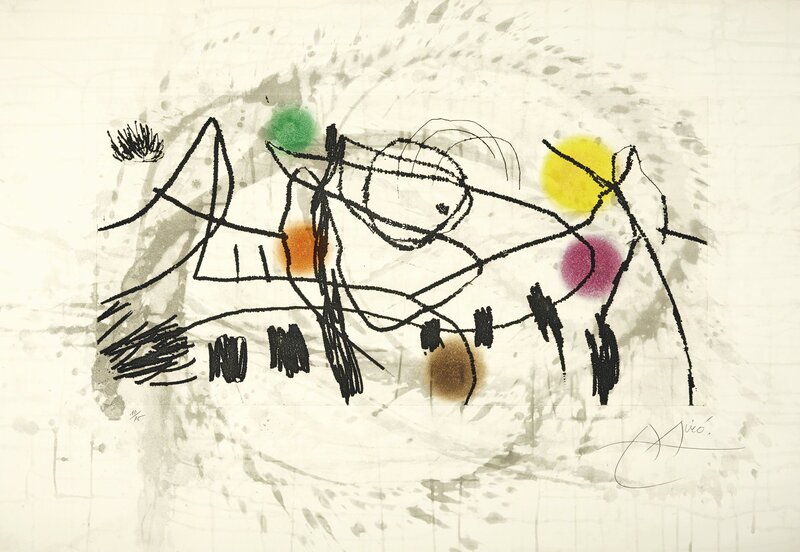 Joan Miró, ‘Gravures pour une exposition, Pierre Matisse, New York, 1973’, Print, The complete set of four signed and numbered etchings with aquatint in colors (Dupin 609 is monogrammed) and one signed and numbered lithograph in colors, on Arches paper, Christie's