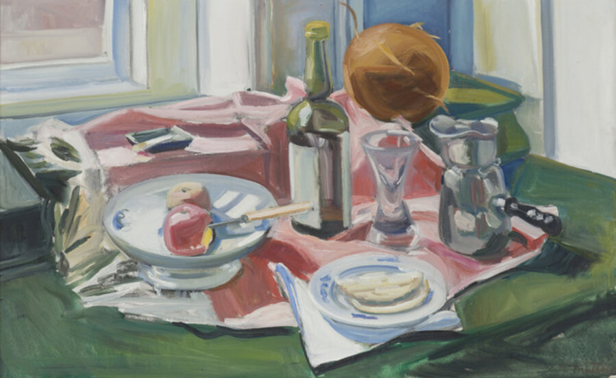 Still life with coconut and green bottle