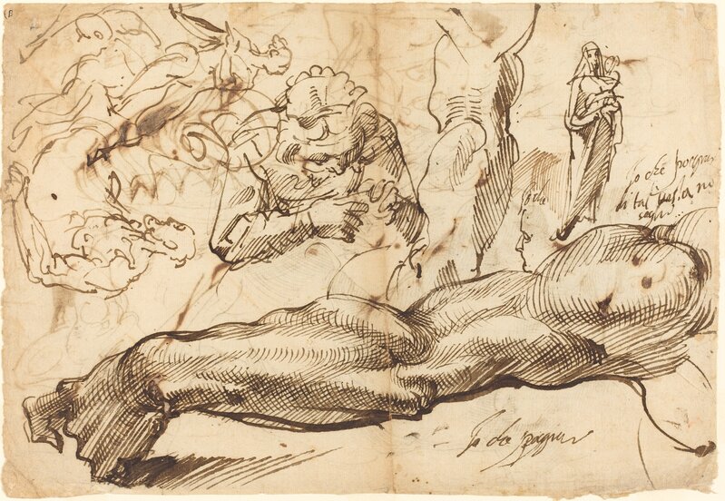 Bartolomeo Passarotti, ‘Studies of a Left Arm, a Young Woman, a Madonna and Child, a Face in Profile, and Nude Figures’, Drawing, Collage or other Work on Paper, Pen and iron gall ink on laid paper, National Gallery of Art, Washington, D.C.