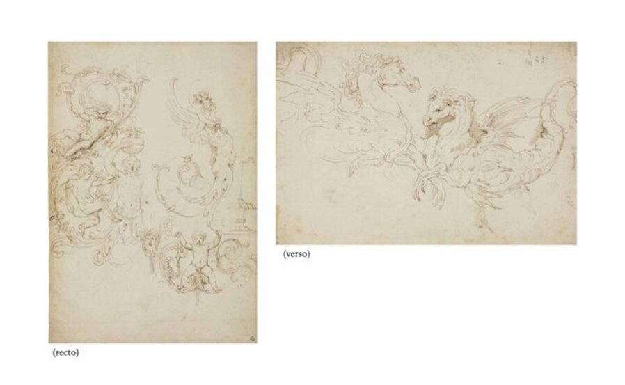 Studies of grotesques (recto), studies of two winged horses (verso)
