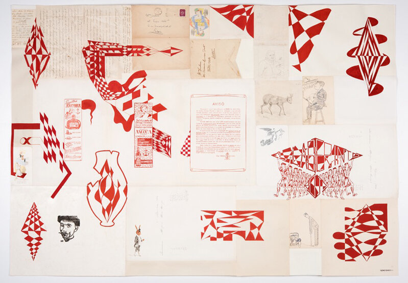 Nono Bandera, ‘Laberinto rojo’, 2017, Drawing, Collage or other Work on Paper, Témpera sobre ensamblaje de papeles, cartas y escrituras antiguas, Espacio Mínimo