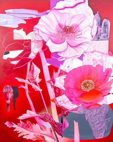 Fiona Ackerman, ‘Dream Flower - lively, fuscia, overlapping botanicals, acrylic, oil on canvas’, 2021