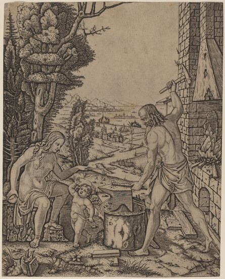 Marcantonio Raimondi, ‘Vulcan, Venus, and Eros’, 1508