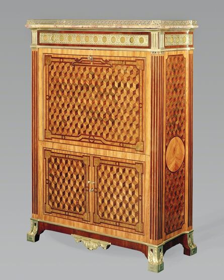 ‘A very rare Louis XVI marquetry upright secretary with chased, pierced and gilt bronze mounts.’