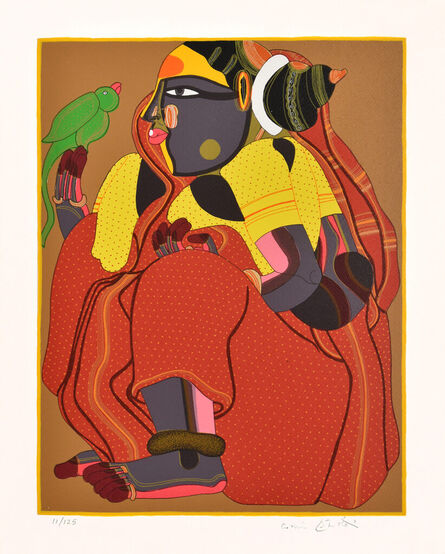 Thota Vaikuntam, ‘Woman in Red with Parrot’, 2021