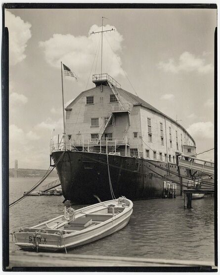 Berenice Abbott, ‘U.S.S. Illinois and Launch: Armory for Naval Reserves.  (West 135th Street Pier.)’, 1937