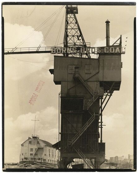 Berenice Abbott, ‘Burns Brothers Coal Elevator and U.S.S. Illinois : Armory for Naval Reserves.  (West 135th Street Pier.)’, 1937