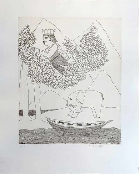 Badri Narayan, ‘King, Elephant & Boat, Etching on Paper by Padmashree Artist Badri Narayan "In Stock"’, ca. Circa