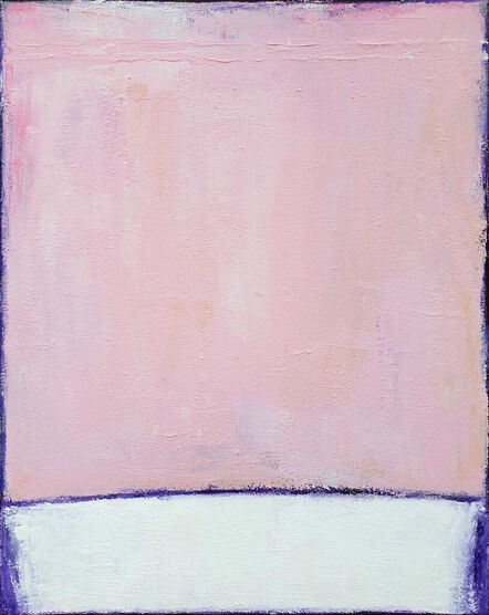 Leon Grossmann, ‘Pink Peach Abstract Painting, Satisfied with Reality, Blush Pink, Peach, vibrant, bold, rosa, minimalism, joyfull, colorful, Purple, grey, white, Pale Orange, sunset, small painting, stripes, lines, textured abstract painting’, 2024