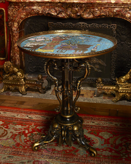 Edouard Lièvre, ‘A patinated and gilded bronze gueridon table in the Japanese style, its top composed of a Chinese tray cloisonné enamel, executed by Edouard Lièvre for the Maison F. Barbedienne’, Paris, circa 1875 for the stand and China, dynasty Qing, end of 18th century for the top