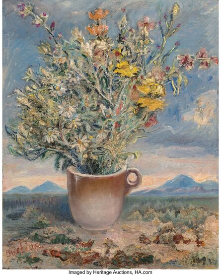 David Davidovich Burliuk, ‘Vase of Flowers in a Landscape’