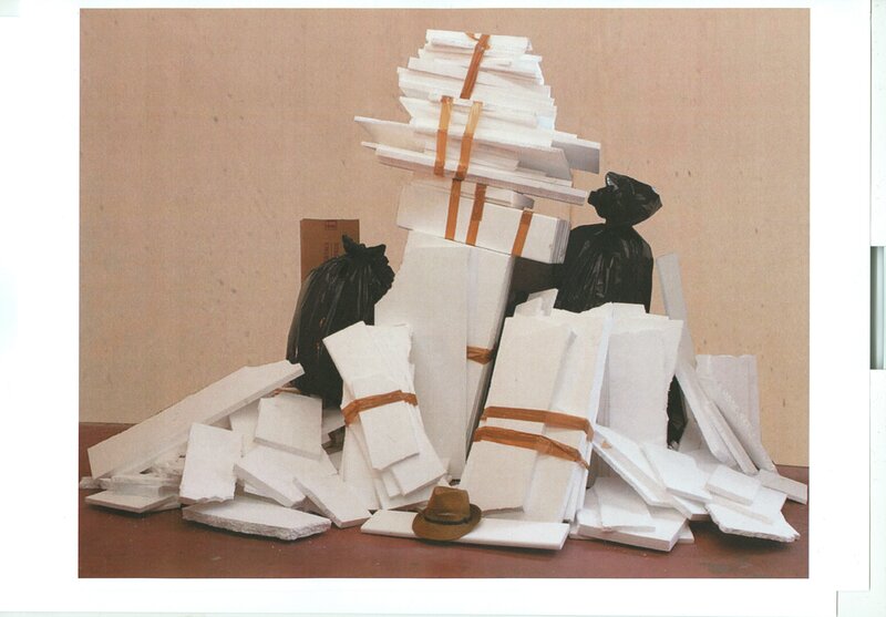 Gustav Metzger, ‘Homage to Lanificio Bonotto’, 1990, Installation, Polystyrene pieces, scotch tape and plastic bags, cardboard box. Dimensions variable, Fondazione Bonotto