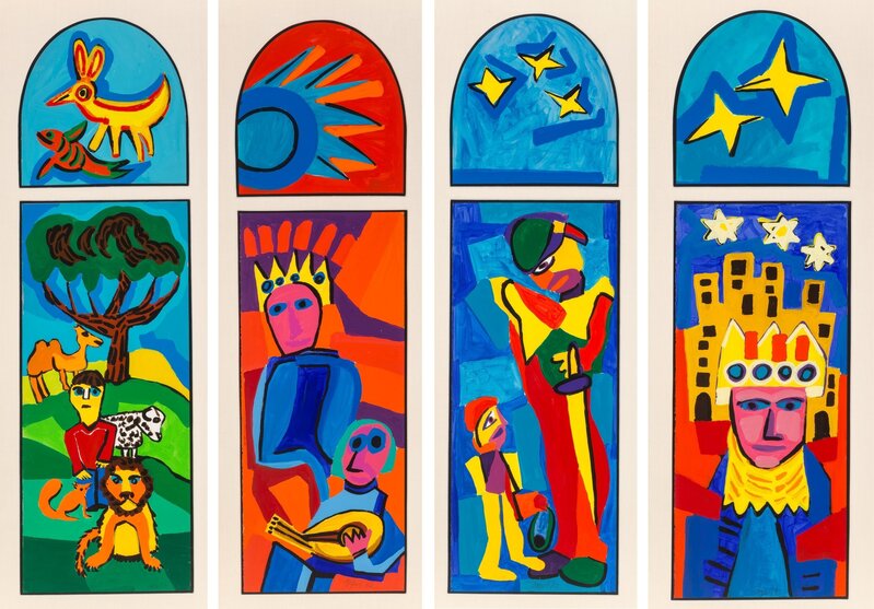 Karel Appel, ‘David the Shepherd, David the Psalmist, David the Warrior, David the Anointed King (studies for stained glass windows, Temple Sholom, Chicago, Illinois), 4 works’, 1982, Painting, Gouache on paper, Heritage Auctions