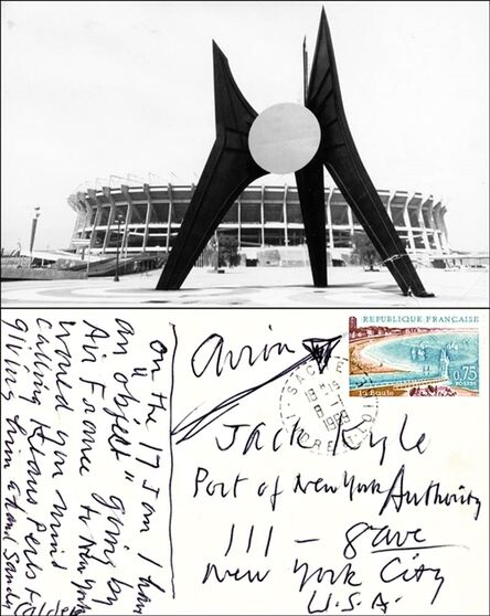 Alexander Calder, ‘Signed Note to Jack Kyle, World Trade Center Engineer for the Port Authority of New York, on Stamped and Postmarked (Franked) Postcard of Calder Sculpture’, 1969