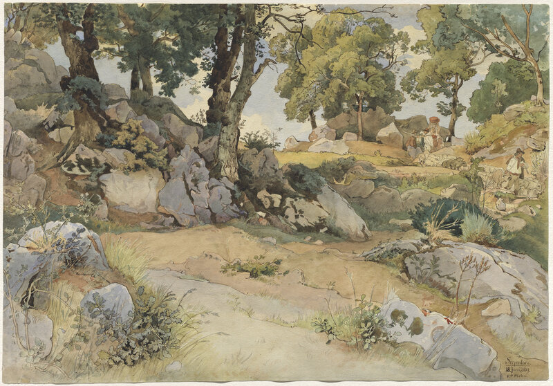 Victor Paul Mohn, ‘Rocks and Oaks in the Serpentara’, 1869, Drawing, Collage or other Work on Paper, Pen and brown ink with watercolor over graphite on wove paper, National Gallery of Art, Washington, D.C.