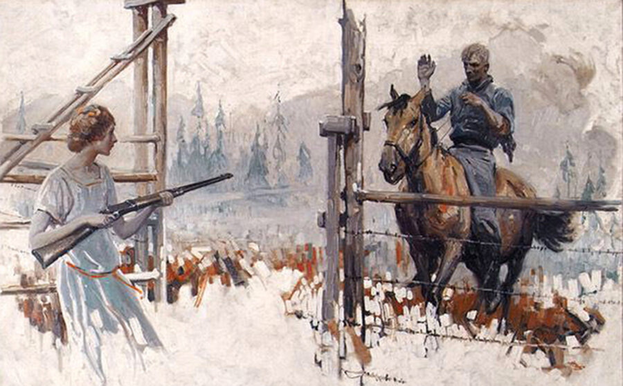 Woman holding Gun and Greeting Man on Horseback