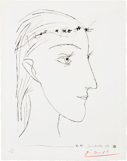 Pablo Picasso, ‘Jeune fille de profil couronnée de fleurs (Young Girl in Profile Crowned with Flowers), plate 6 from Six contes fantasques (Six Whimsical Tales) (Bl. 366, Ba. 696, see C. bks 66)’, 1944