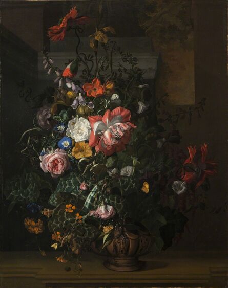 Rachel Ruysch, ‘Roses, Convolvulus, Poppies, and Other Flowers in an Urn on a Stone Ledge’, ca. 1680s