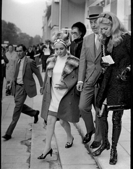 Ron Galella, ‘Elizabeth Taylor, Marie-Helene, and Guy de Rothschild, Prix de l'Arc de Triomphe, Paris’, 1968