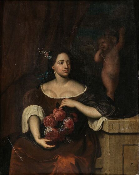 Johannes (Jan) Tielius, ‘Seated Woman with a Bouquet of Roses, A Figure of Cupid Behind Her’