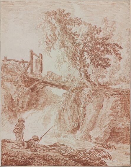 Hubert Robert, ‘Herdsmen Crossing a Waterfall’, 1770/1775