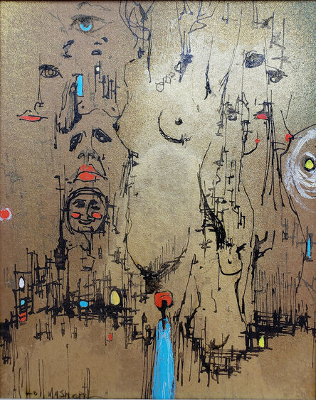 Alvin Hollingsworth, ‘Nude Figures, Faces in Black and Red Paint on Metalic Gold Ground’, 1970