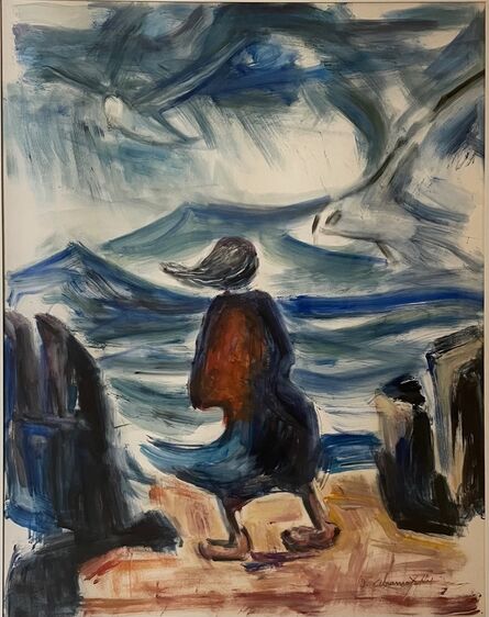 Israel Abramofsky, ‘Girl on a windy beach ’, Mid 20th Century